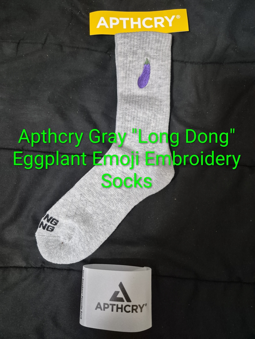 Apthcry Gray "Long Dong" Eggplant Emoji Embroidery Socks New